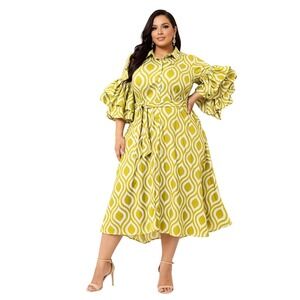 True Destiny Yellow White Geometric Print Midi Dress Bell Sleeves Plus Size 2XL